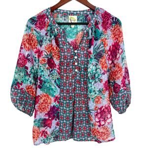 Anthropologie Fig & and Flower Small Blue Pink Boho Sheer Blouse Shirt Top
